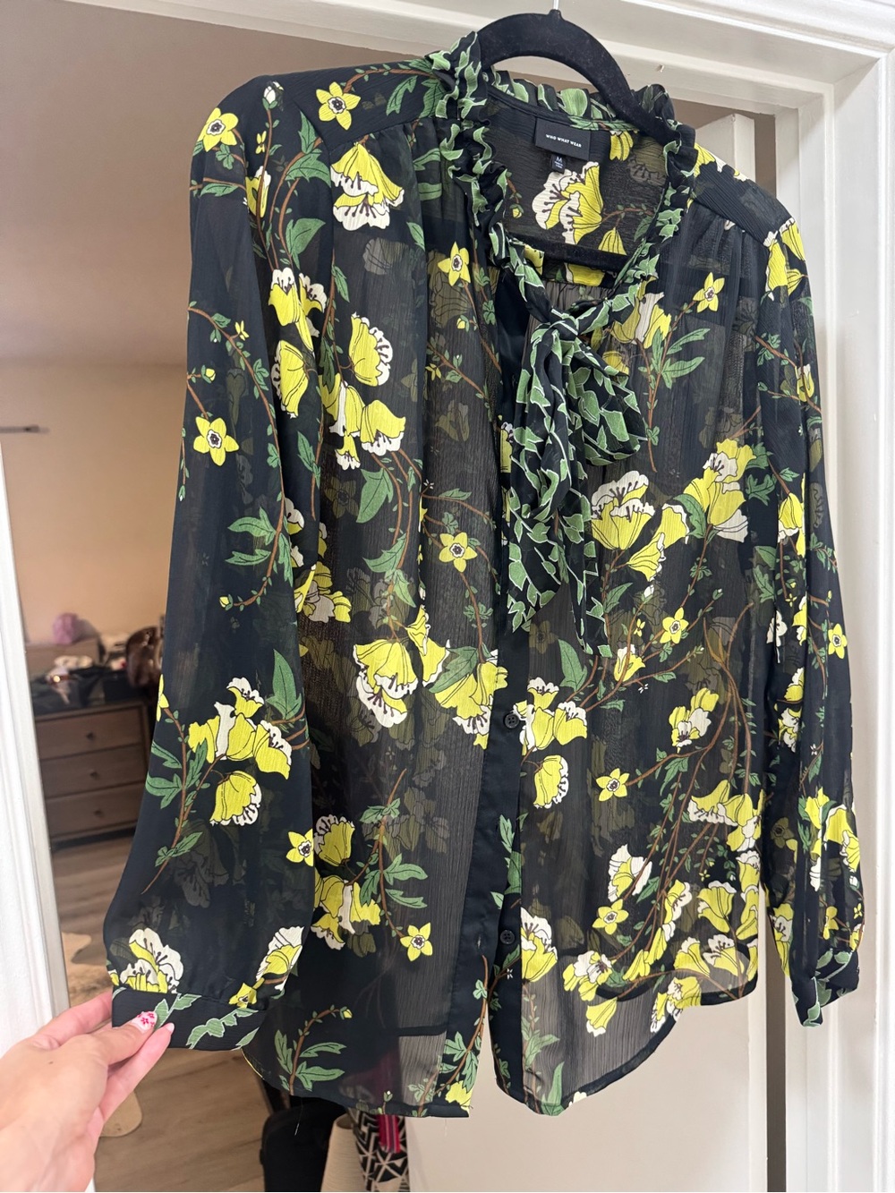 Who What Wear Black Sheer Blouse with Yellow Floral Tie-Neck